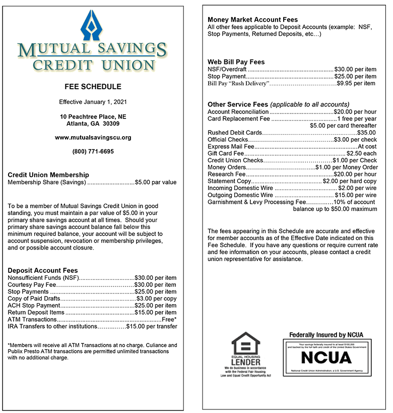 Image of the Fee Schedule for Mutual Savings